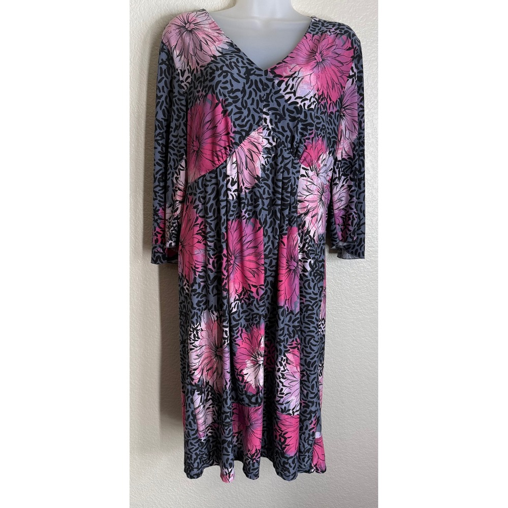 Soma Intimates L Lounge Dress Pink Grey Floral Leopard 3/4 Bell Sleeve V Neck
